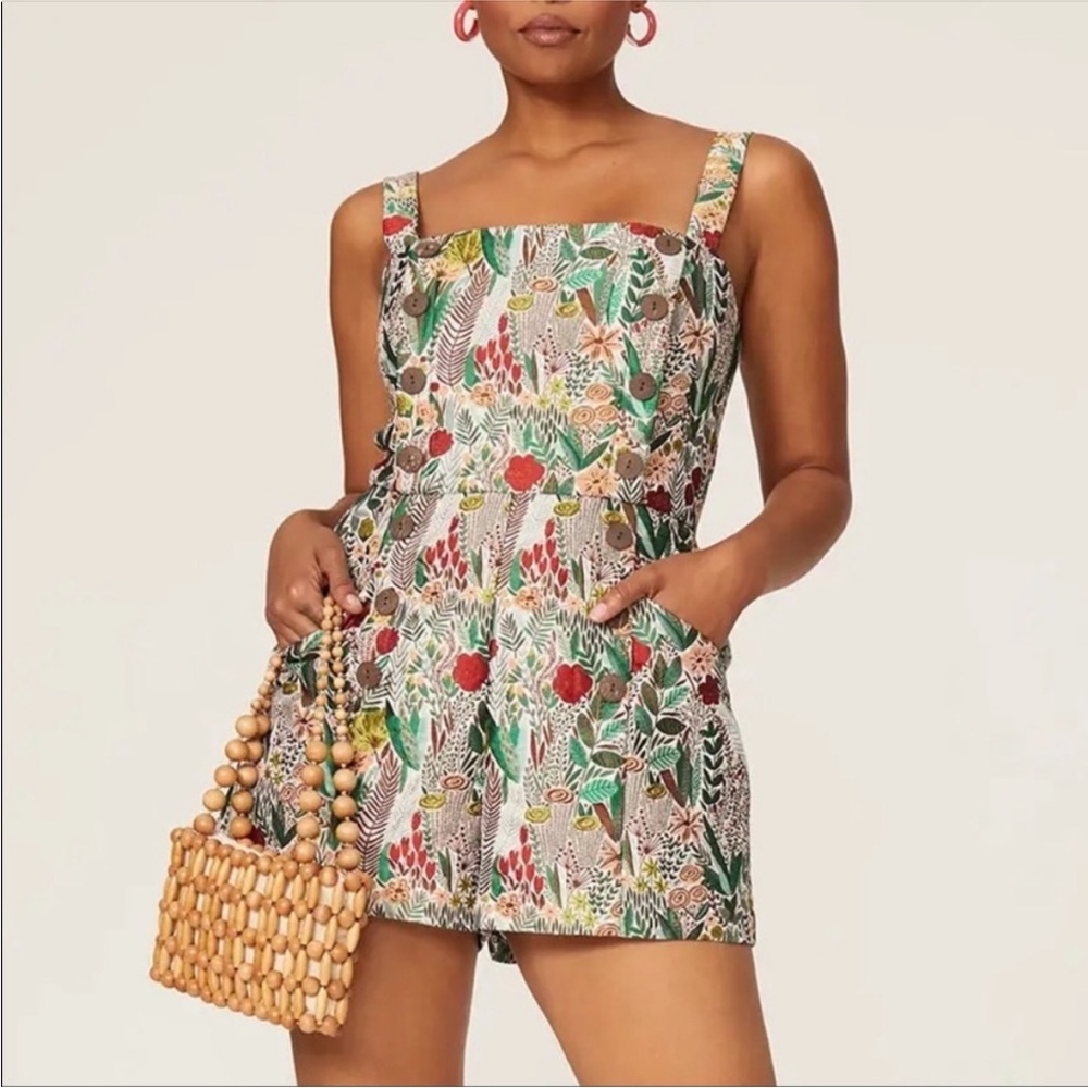 Hutch Green and Red Floral Romper with Smocked Bodice